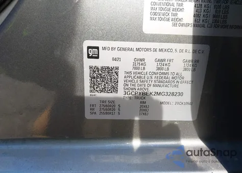 2021 Chevrolet Silverado 1500 4Wd Short Bed Custom z USA, uszkodzony, nr VIN 3GCPYBEK2MG328230